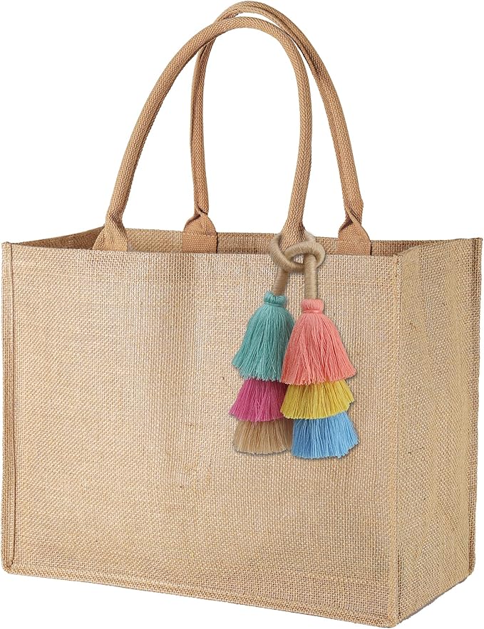 beegreen 礼品黄麻手提袋带内部拉链口袋粗麻布沙滩手提包带流苏配件