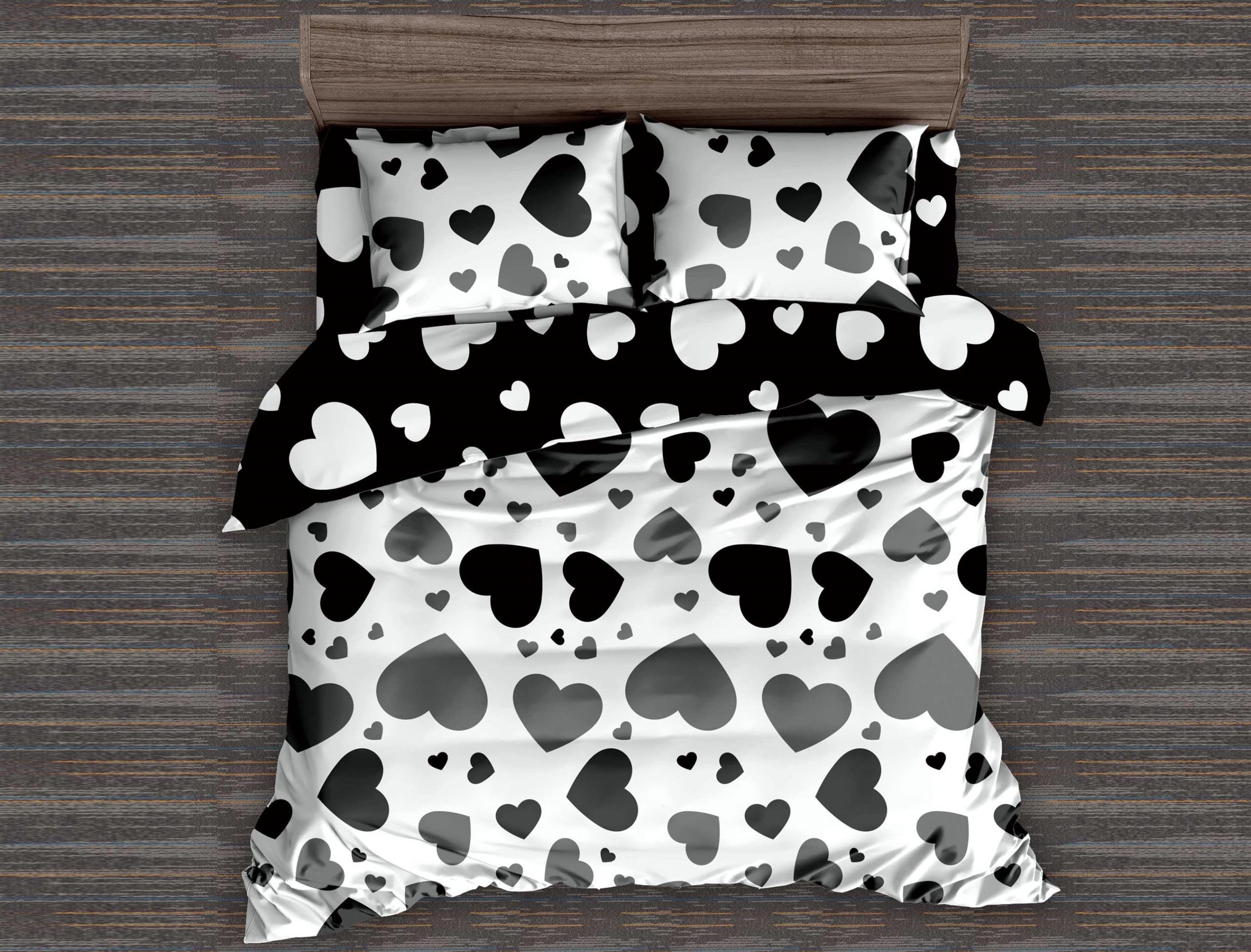 BESCH Bedding Set,* Polyester microfiber, soft, 3-piece set, duvet set,150 x 220 cm and 1 pillowcase,50 x 75 cm (black heart)