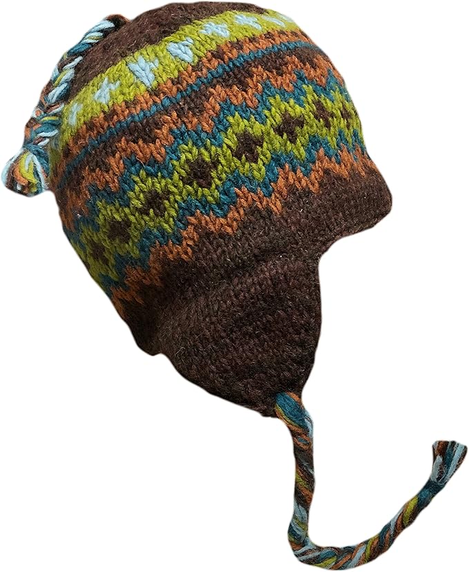 尼泊尔手工针织夏尔巴帽,带耳罩,trapper ski 厚羊毛羊毛内衬帽