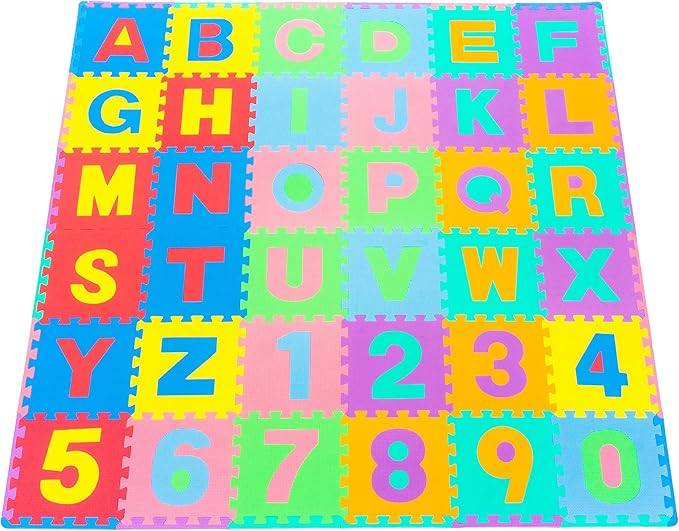 prosource 儿童泡沫拼图地板游戏垫,形状和颜色或数字和字母,36 块
