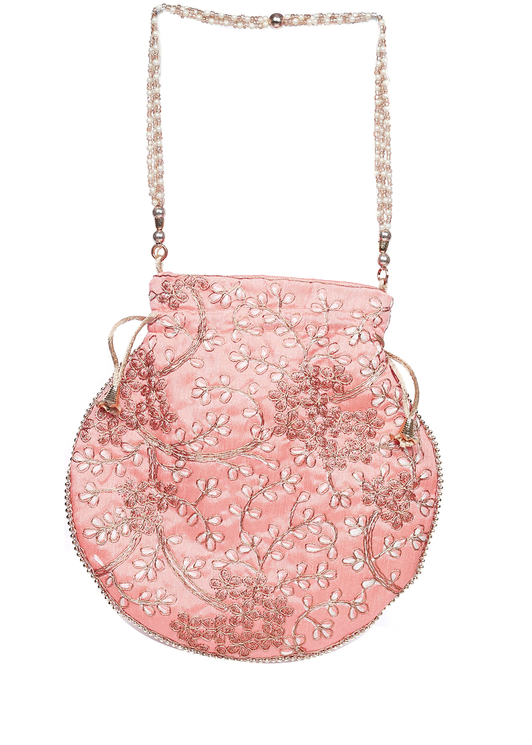 RIANGI Traditional Indian Hand Embroidery Floral Faux Pearl Rope Shopping Gift Jewelry Wedding Returns Gift Sweet Distribution drawstring bag Red Fancy purse bag