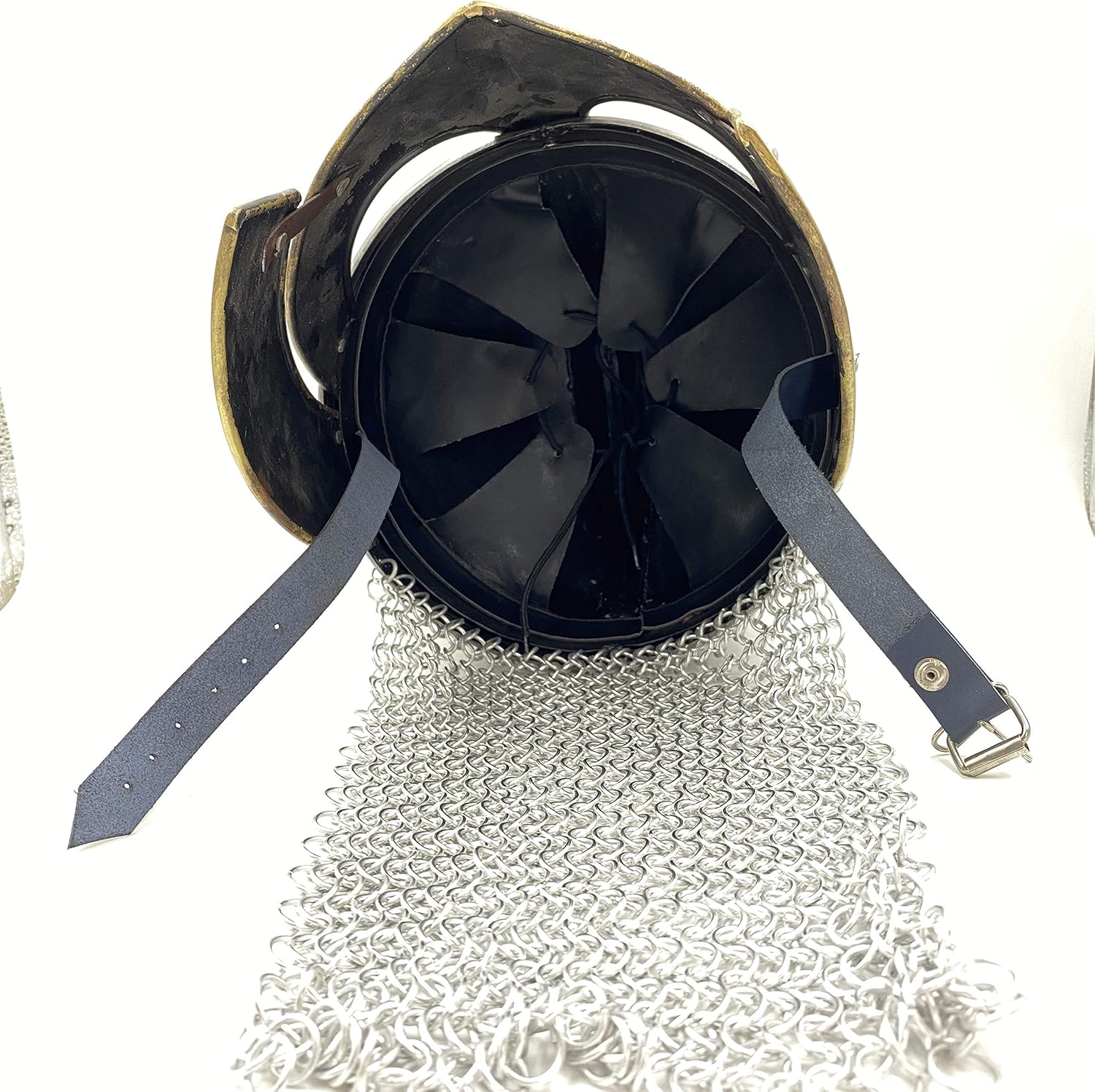 annafi手工制作维京狼盔甲头盔银色中世纪金属骑士头盔黄铜点缀和锁链