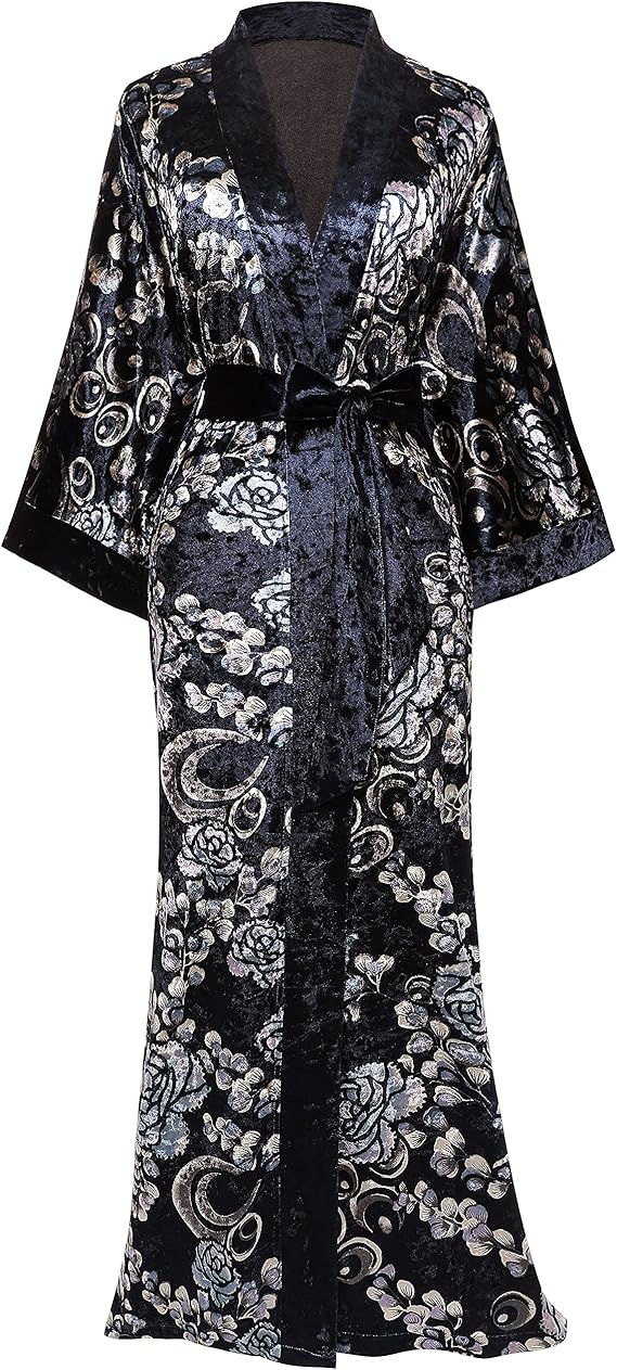 prodesign 女式长款天鹅绒长袍金色印花柔软温暖浴袍宽松睡衣睡衣