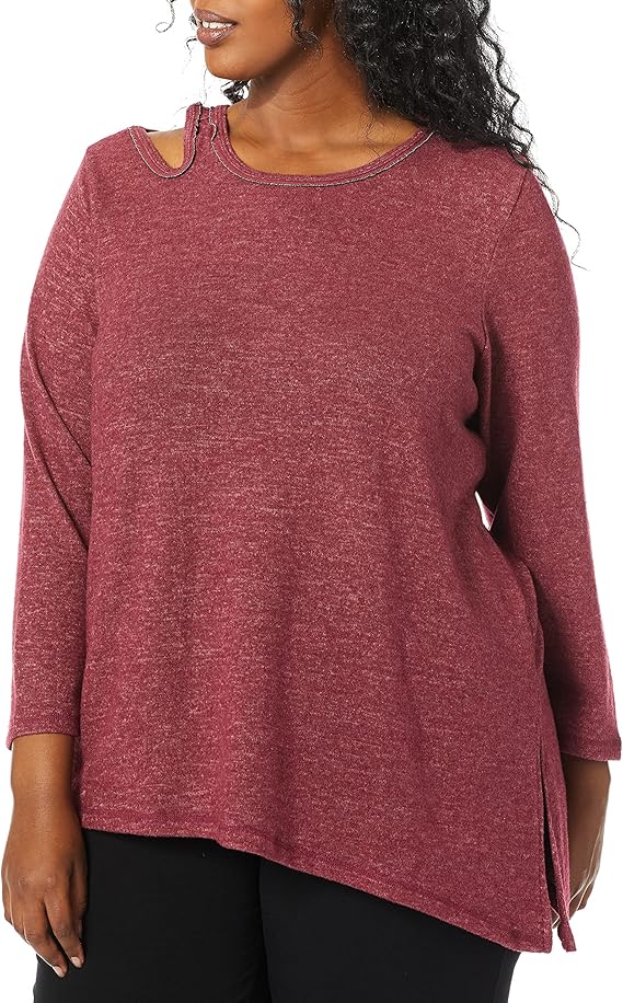 democracy 女式加大码长袖单肩剪裁毛衣