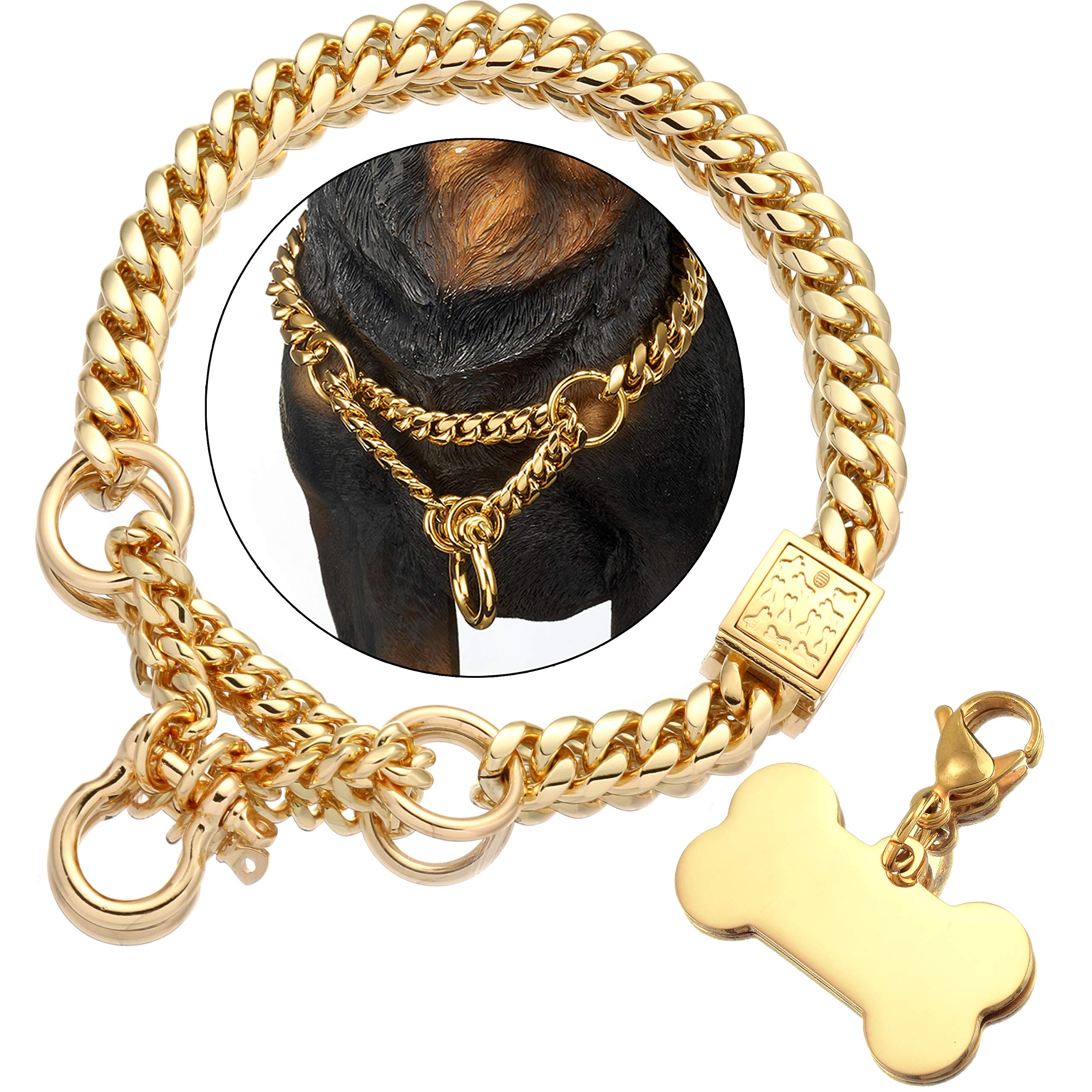 Jewelry Kingdom 1 Gold Dog Martingel collar Metal chain design * Buckle dog tag,18K Cuban chain,15MM Strong durable chewable walking training non-slip collar (15MM,20")