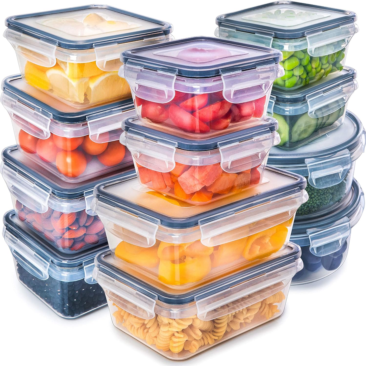 Fullstar 食品储存容器带盖子 黑色塑料食品容器 带盖塑料容器 带盖塑料容器 密封防漏易扣锁和不含bpa 的塑料容器套装