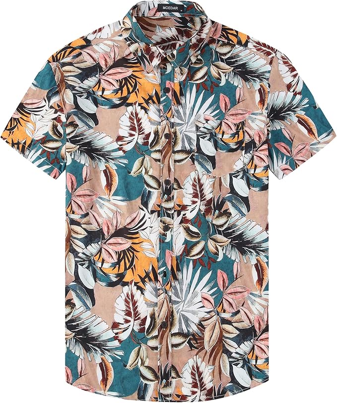 mcedar男士休闲夏威夷衬衫短袖阿罗哈花印花纽扣复古夏季海滩度假衬衫