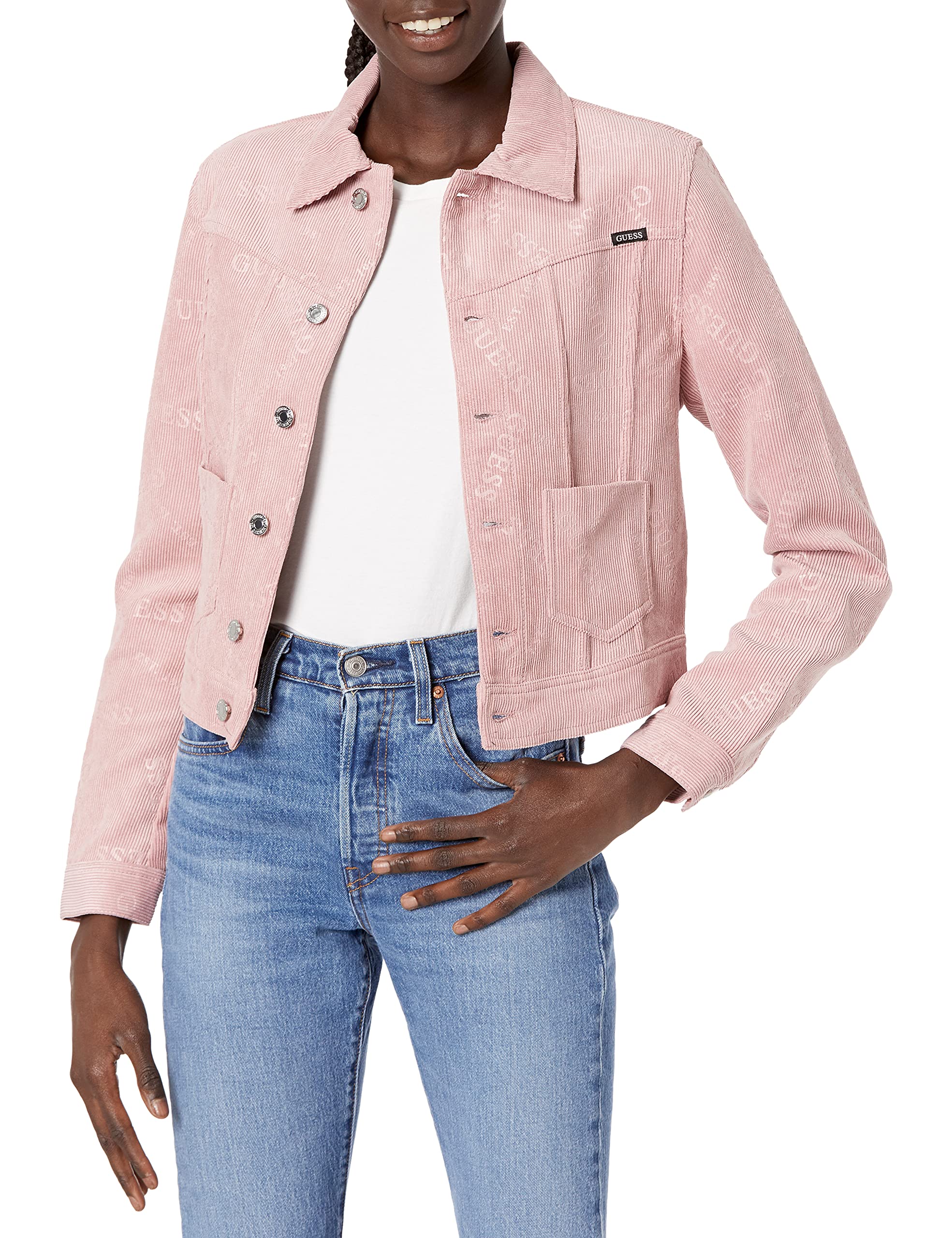 GUESS women's Jone full body logo printed corduroy jacket
