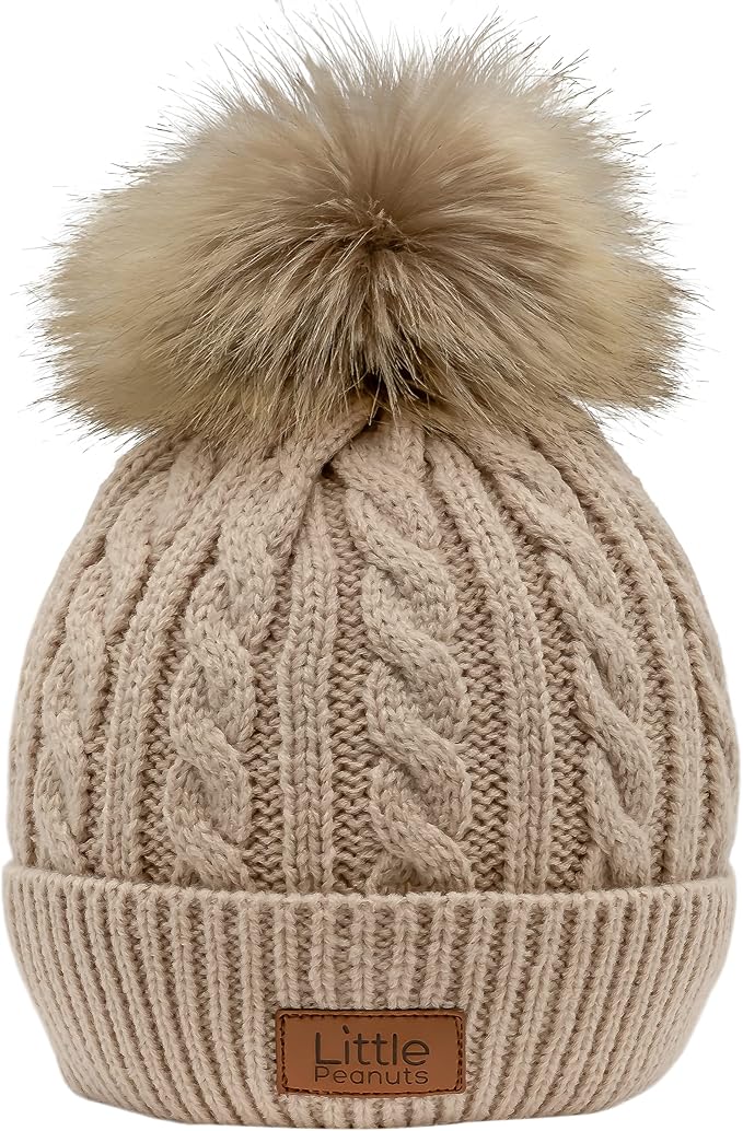 little peanuts 幼儿冬季帽儿童无檐*帽可爱针织长袜带可拆卸人造毛皮