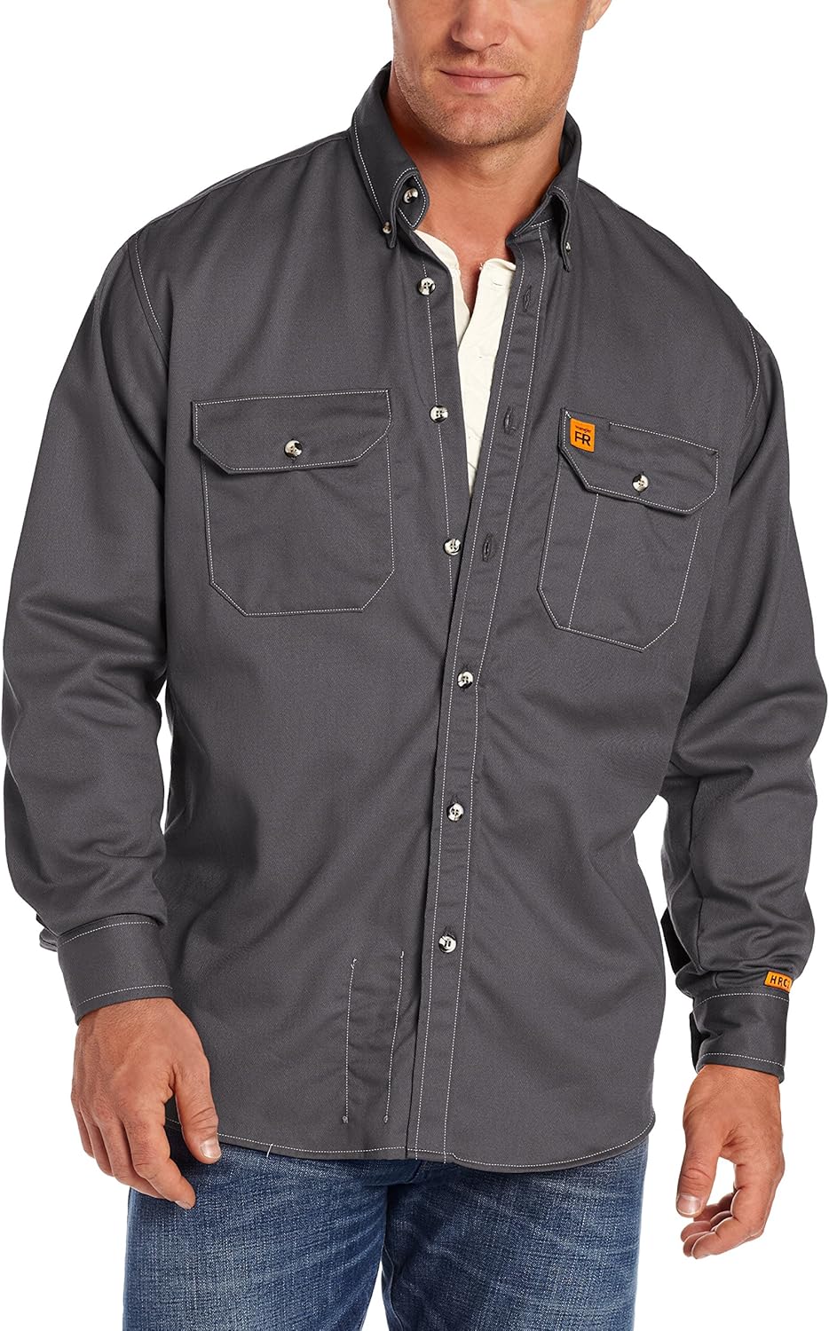 wrangler mens fire-resistant work shirt with two front pockets