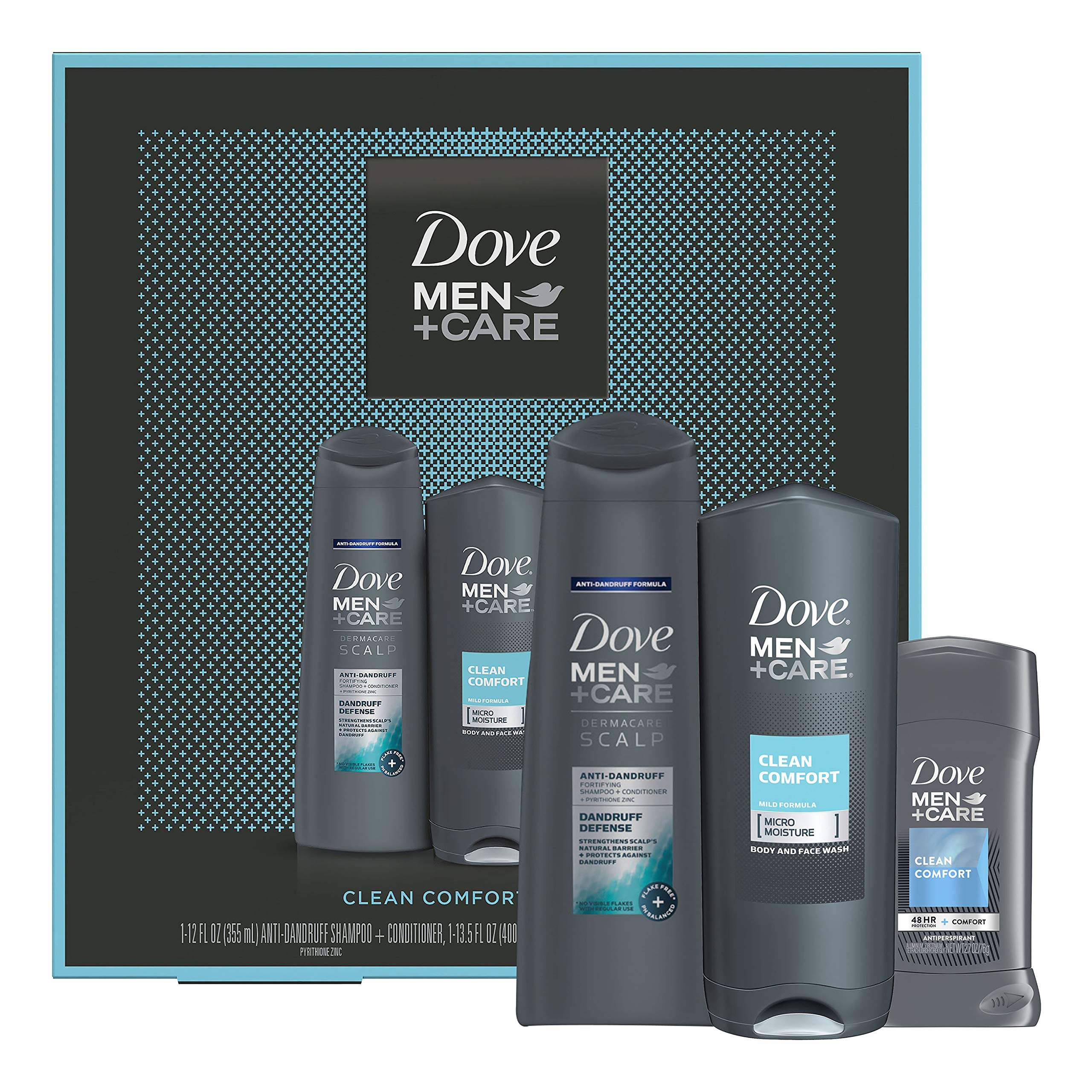 Dove MEN + CARE Limited Edition Men's Holiday Beauty Gift set with cleansing comfort shower gel, antiperspirant and shampoo + conditioner