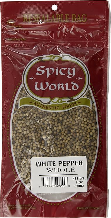 spicy world whole white peppercorns, 7 ounce po