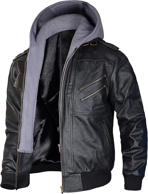 男式摩托车皮夹克 - 立领飞行员飞行员夹克,带可拆卸兜帽