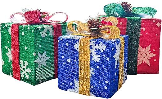 圣诞 3 件套礼盒装饰圣诞礼盒带蝴蝶结松果室内室外装饰圣诞树假日