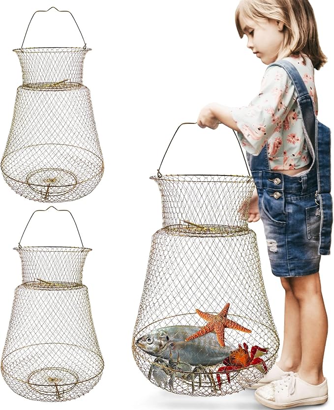 2 件装镀锌钢丝鱼篮,鲦鱼桶,可折叠鱼篮,便携式钓鱼篮,适合户外鱼