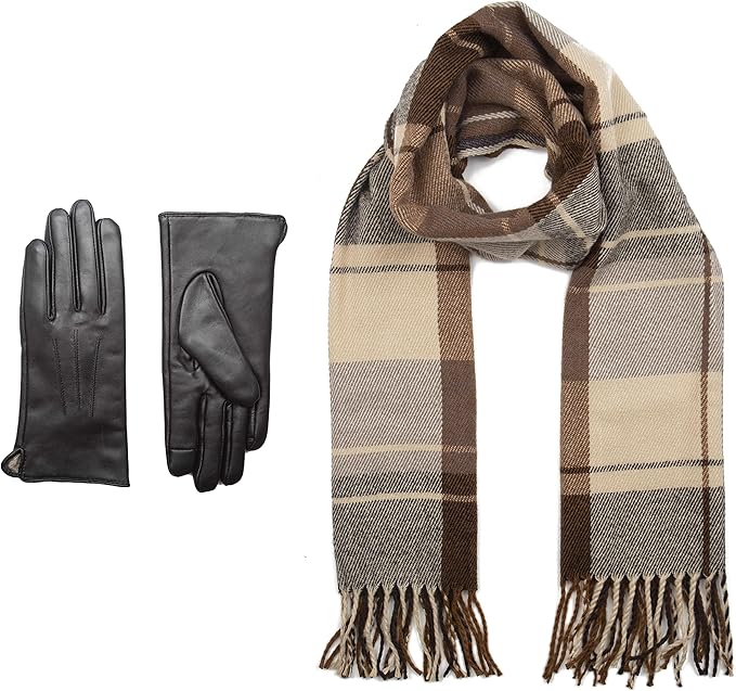 女士冬季围巾和触摸屏皮革手套礼品套装