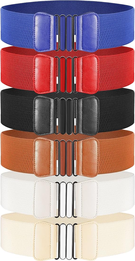 6 件女式弹性宽腰带弹力腰束腰带复古弹性腰带带带扣多色弹性礼服腰带