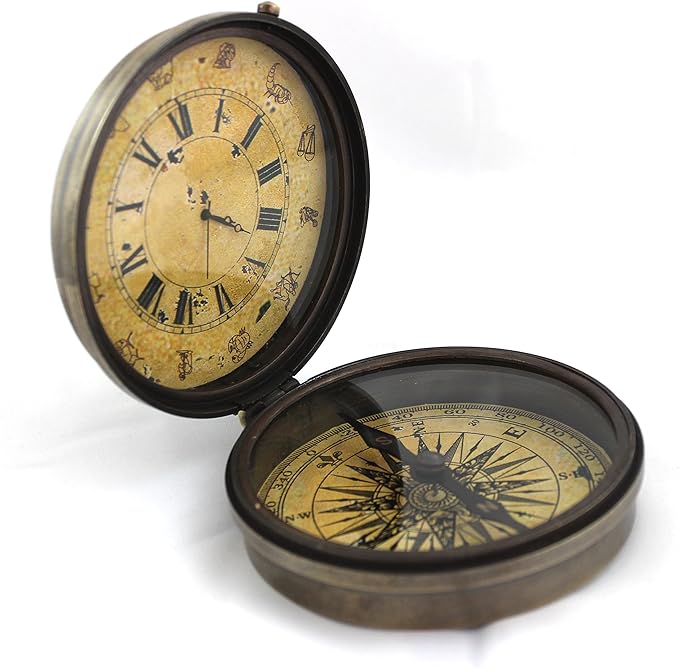 航海船舶指南针木制盒指南针和手表复古礼物