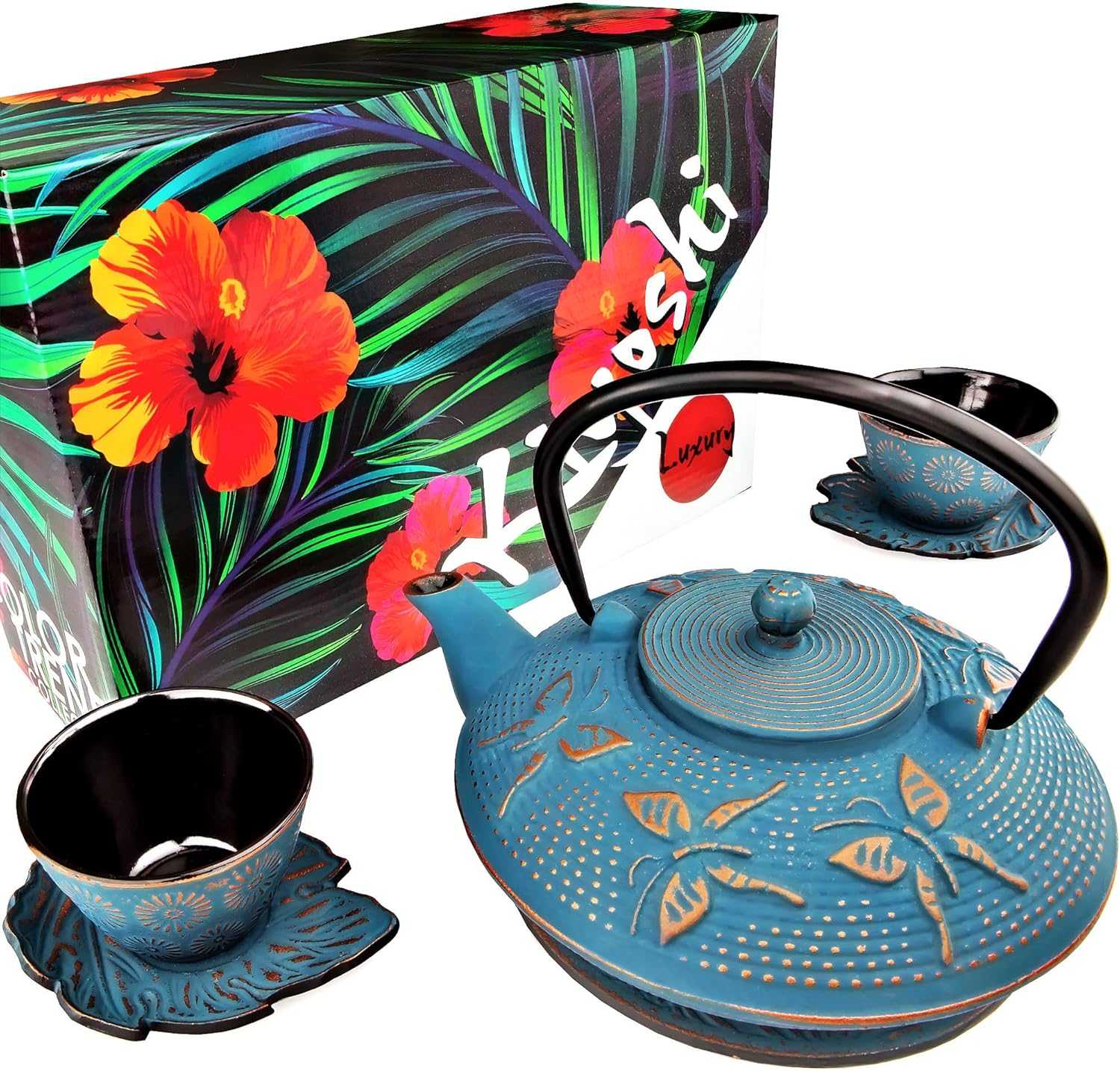 Kiyoshi Luxury 日式茶具7件套 蓝蝴蝶 铸铁茶壶 带2个茶杯 2个茶碟 活页茶叶浸泡器和茶壶 抹茶礼仪及铁制周年礼物 亚马逊中国 厨具