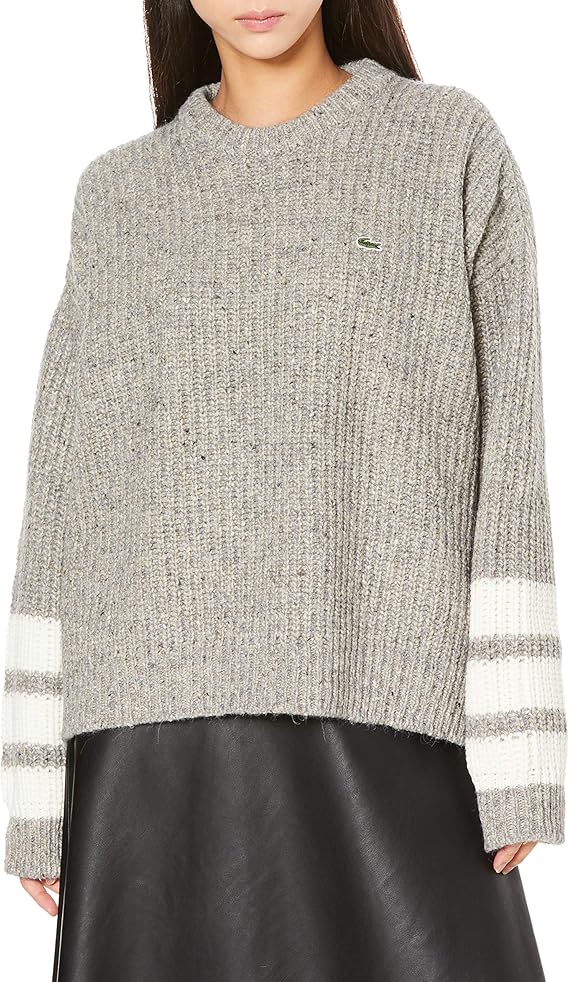lacoste 法国鳄鱼 针织 条纹百褶羊毛混纺毛衣 女士
