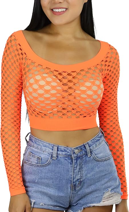 tobeinstyle 女式弹性渔网斜线长袖露脐弹力上衣 fishnet - neon