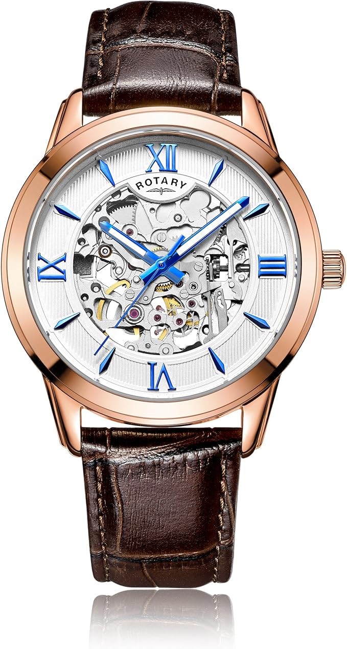 rotary劳特莱男士机械表银色模拟显示表盘棕色皮革表带gs0065321