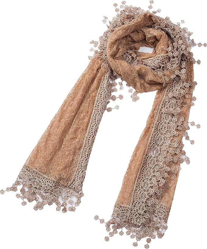 cindy and wendy 轻质软叶蕾丝流苏女式围巾披肩 brown floral with