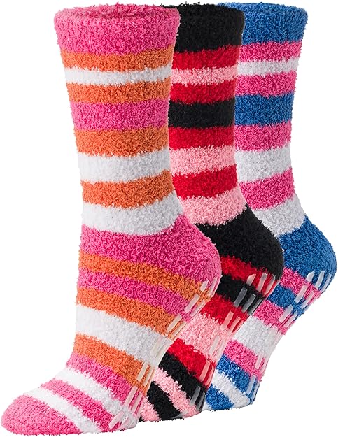 fuzzy socks 女士和男士防滑毛绒拖鞋袜超细纤维柔软带夹持器 3 双