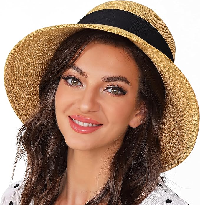 naivlizer 宽帽檐遮阳帽 女式软吸管沙滩帽 upf 卷起户外旅行夏季