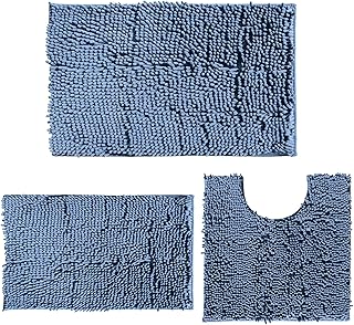 浅蓝色浴室脚垫 浴室垫 浴室垫 雪尼尔浴室地毯 3 件套 超柔软防滑