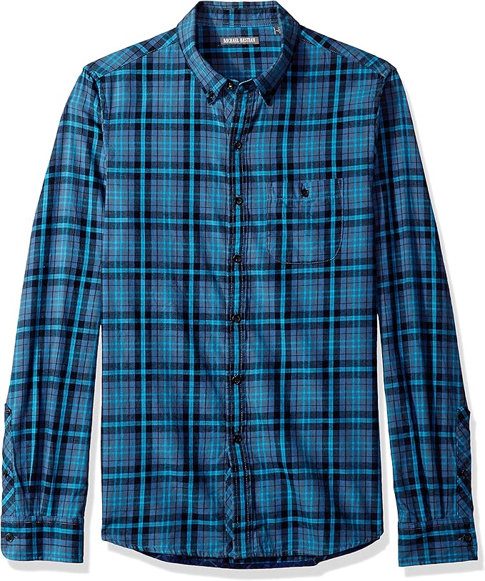 michael bastian 男式长袖拼色格子梭织衬衫